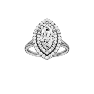 A front view of the Marquise cut diamond engagement ring in 14k white gold with a plain band and double halo setting