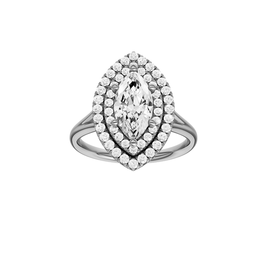 A front view of the Marquise cut diamond engagement ring in platinum with a plain band and double halo setting