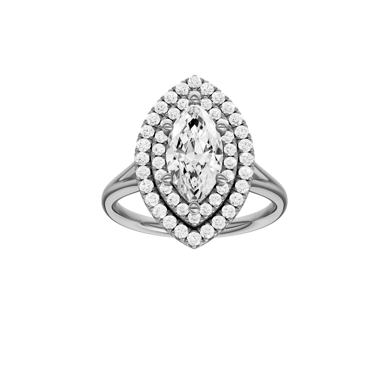 A front view of the Marquise cut diamond engagement ring in platinum with a plain band and double halo setting