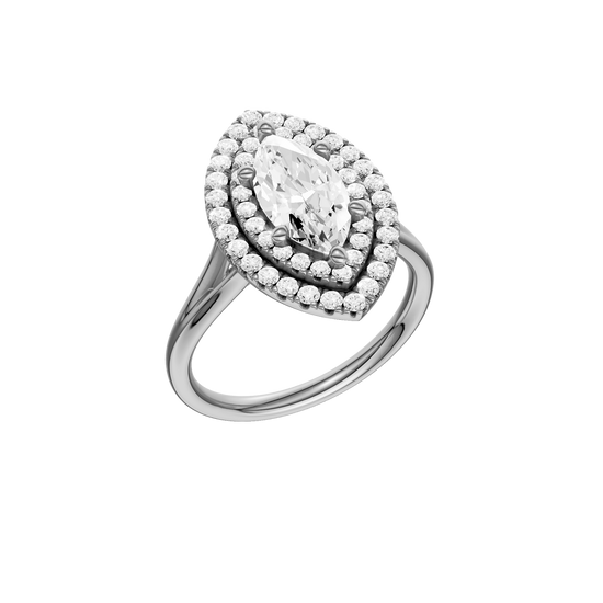 A three-quarter view of the Marquise cut diamond engagement ring in 14k white gold with a plain band and double halo setting