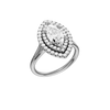 A three-quarter view of the Marquise cut diamond engagement ring in 14k white gold with a plain band and double halo setting