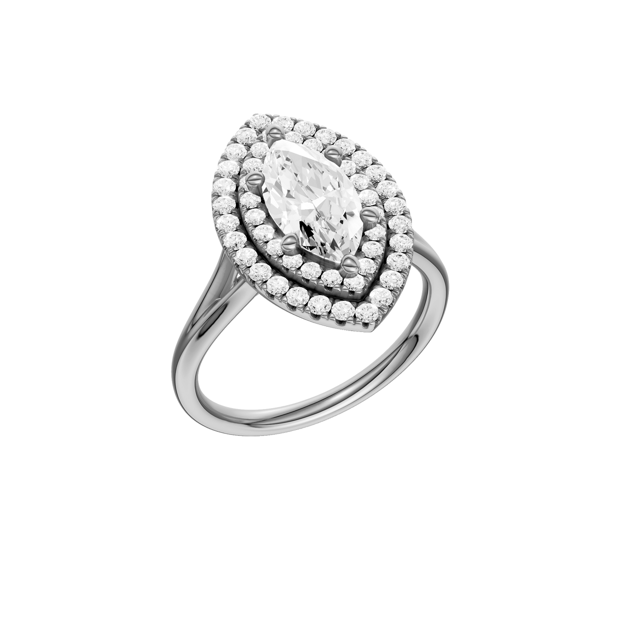 A three-quarter view of the Marquise cut diamond engagement ring in 14k white gold with a plain band and double halo setting