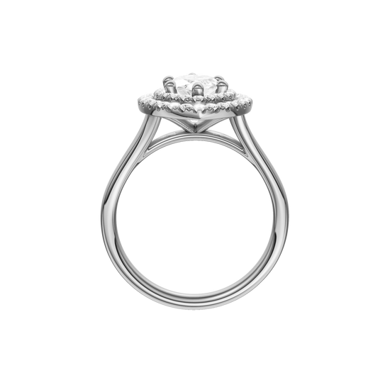 A profile view of the Marquise cut diamond engagement ring in 14k white gold with a plain band and double halo setting