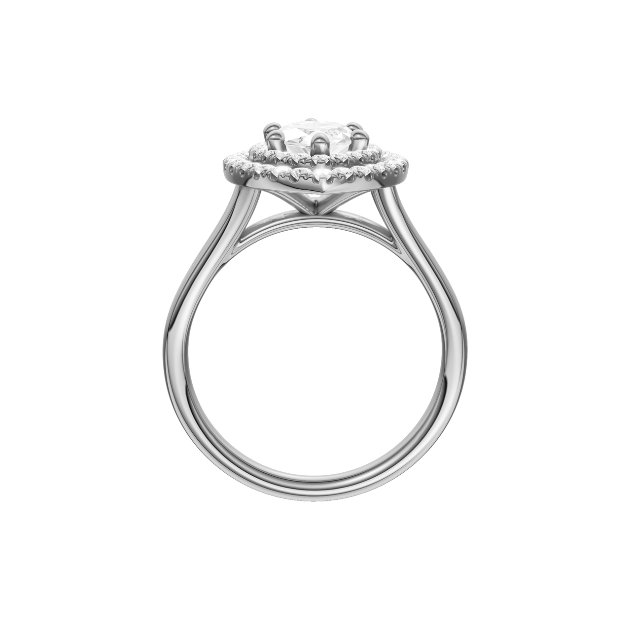 A profile view of the Marquise cut diamond engagement ring in platinum with a plain band and double halo setting