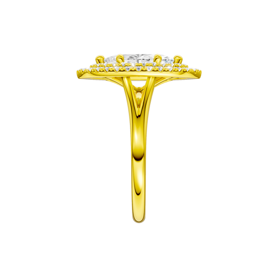 A side view of the Marquise cut diamond engagement ring in 14k yellow gold with a plain band and double halo setting