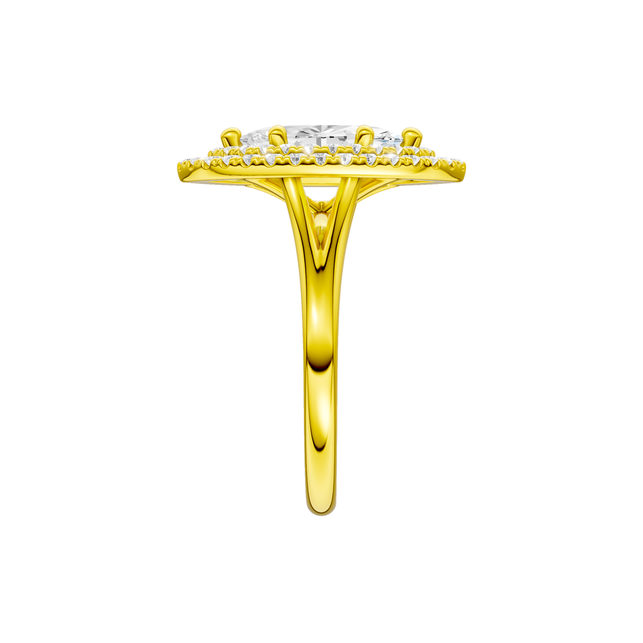 A side view of the Marquise cut diamond engagement ring in 14k yellow gold with a plain band and double halo setting