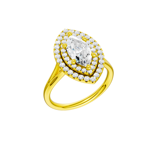 A three-quarter view of the Marquise cut diamond engagement ring in 14k yellow gold with a plain band and double halo setting