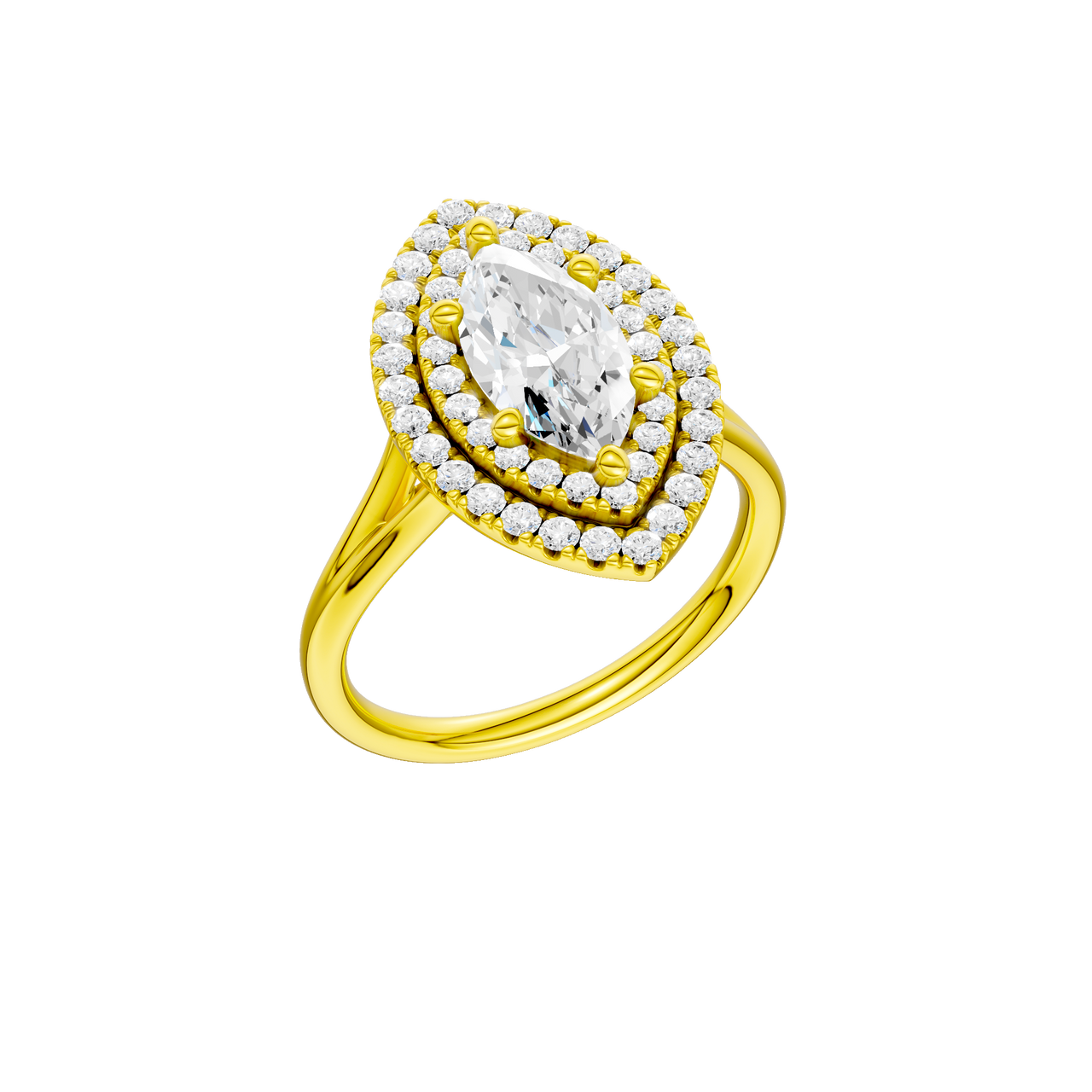 A three-quarter view of the Marquise cut diamond engagement ring in 14k yellow gold with a plain band and double halo setting