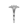 A side view of the Oval cut diamond engagement ring in platinum with a plain band and double halo setting