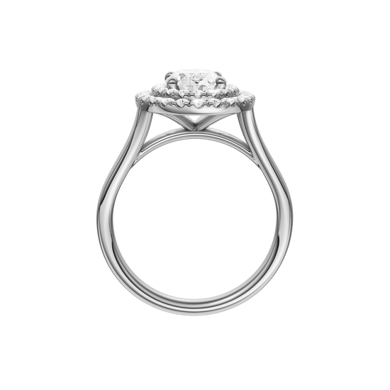 A profile view of the Oval cut diamond engagement ring in platinum with a plain band and double halo setting