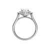 A profile view of the Oval cut diamond engagement ring in platinum with a plain band and double halo setting