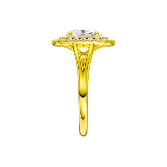 A side view of the Oval cut diamond engagement ring in 14k yellow gold with a plain band and double halo setting