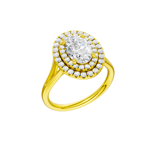 A three-quarter view of the Oval cut diamond engagement ring in 14k yellow gold with a plain band and double halo setting