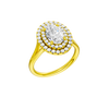 A three-quarter view of the Oval cut diamond engagement ring in 14k yellow gold with a plain band and double halo setting