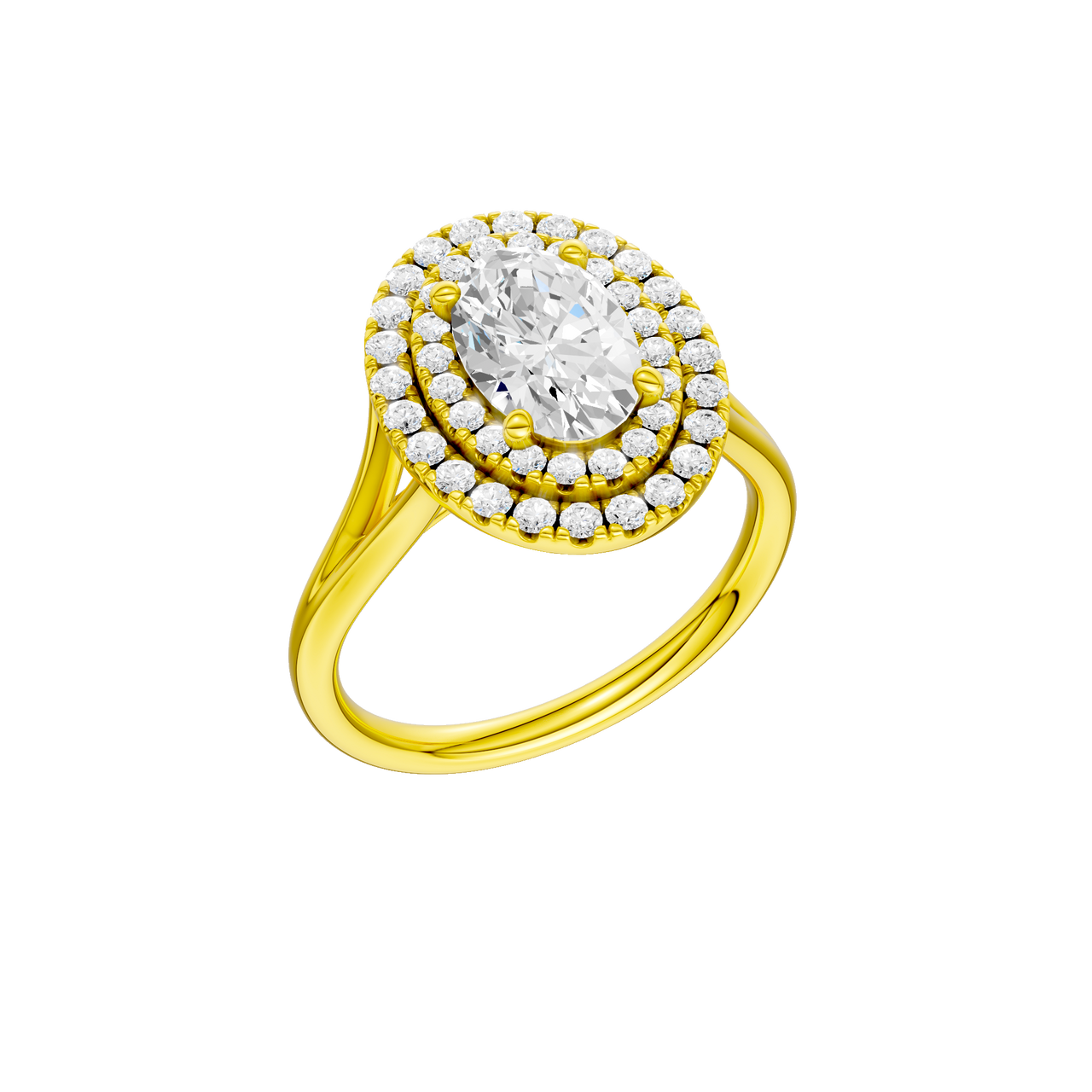 A three-quarter view of the Oval cut diamond engagement ring in 14k yellow gold with a plain band and double halo setting
