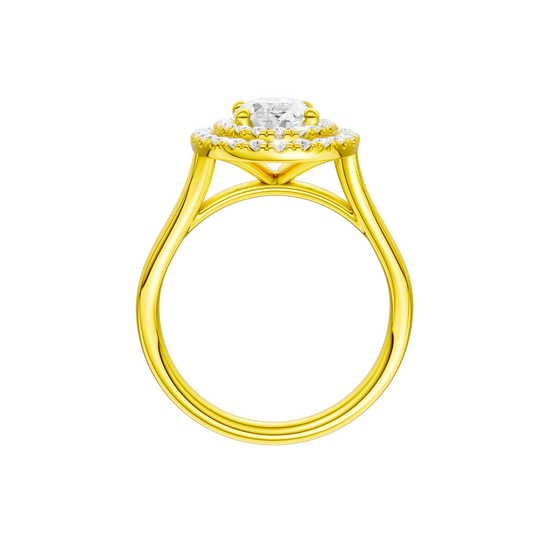 A profile view of the Oval cut diamond engagement ring in 14k yellow gold with a plain band and double halo setting