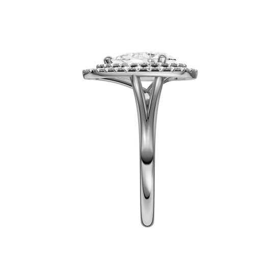 A side view of the Pear cut diamond engagement ring in 14k white gold with a plain band and double halo setting