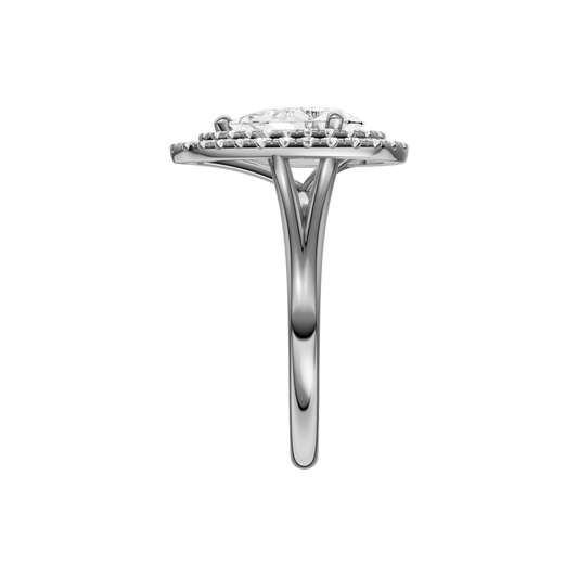 A side view of the Pear cut diamond engagement ring in 14k white gold with a plain band and double halo setting