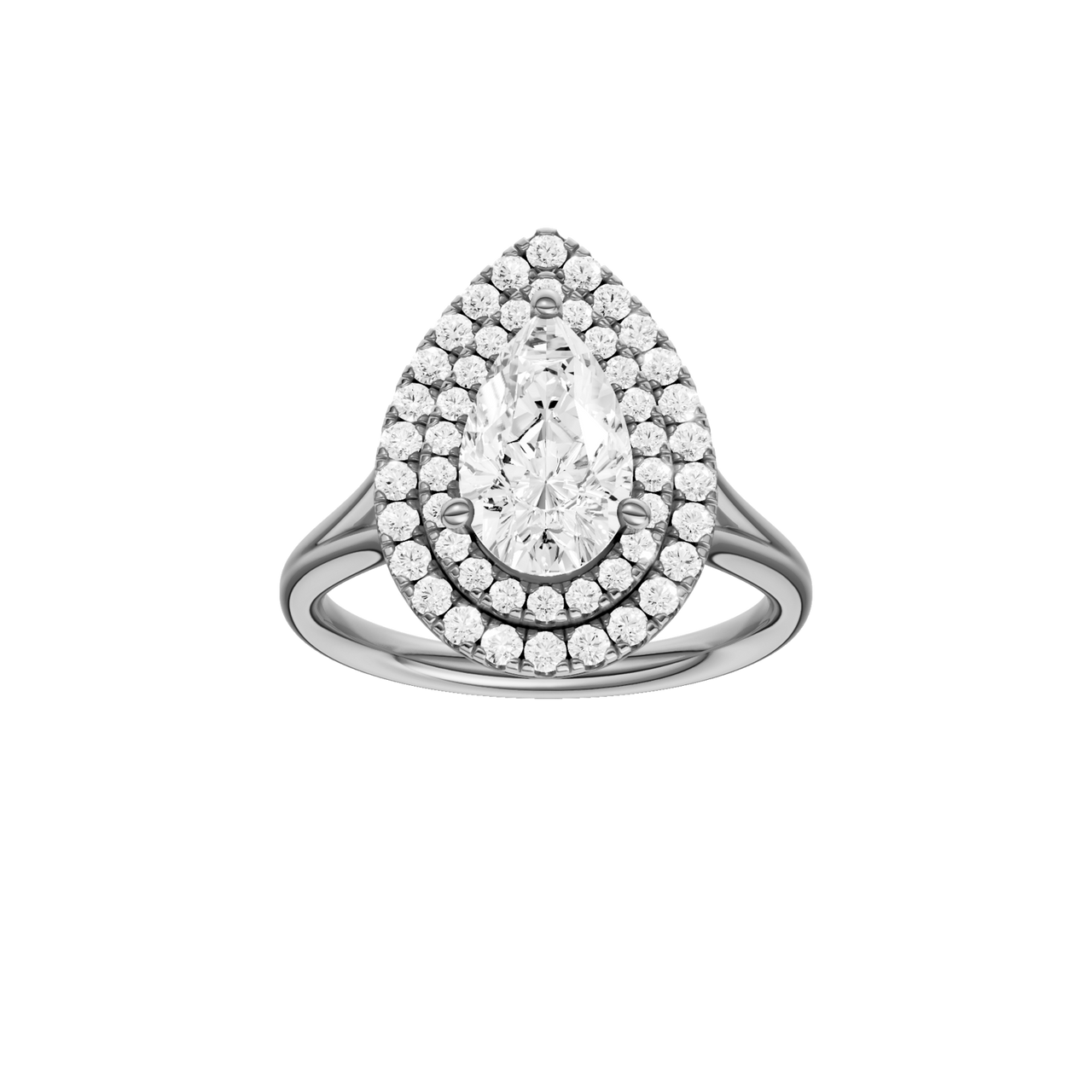 A front view of the Pear cut diamond engagement ring in 14k white gold with a plain band and double halo setting