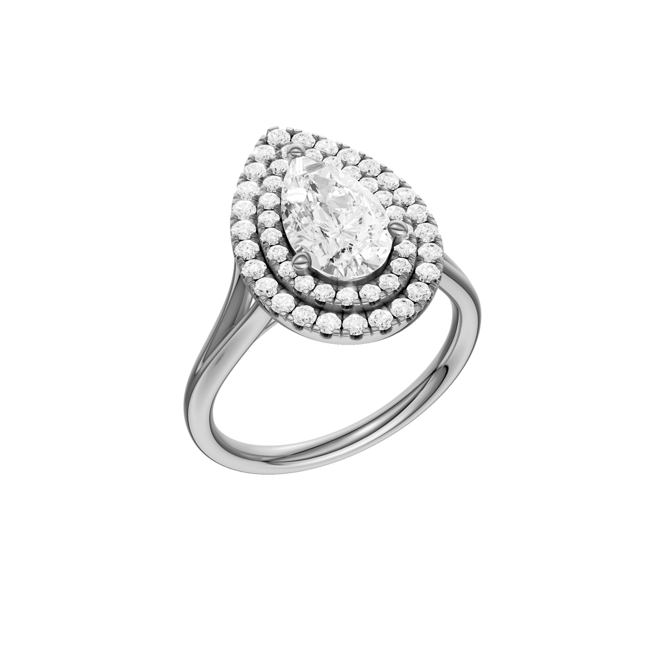 A three-quarter view of the Pear cut diamond engagement ring in platinum with a plain band and double halo setting
