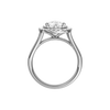 A profile view of the Pear cut diamond engagement ring in platinum with a plain band and double halo setting