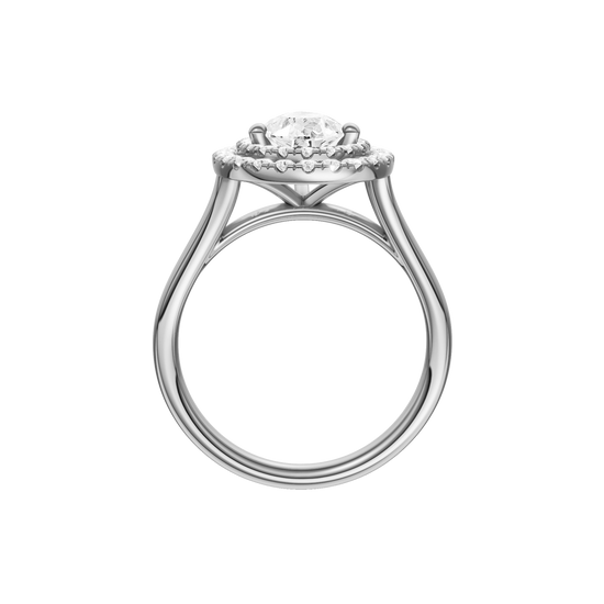 A profile view of the Pear cut diamond engagement ring in 14k white gold with a plain band and double halo setting