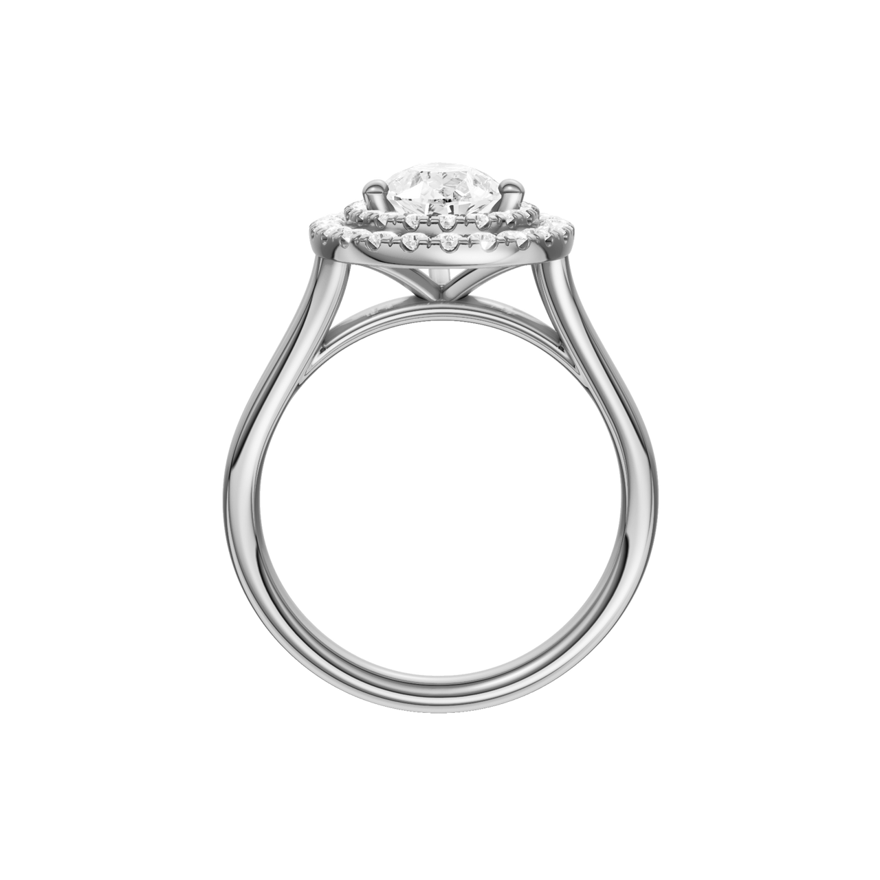 A profile view of the Pear cut diamond engagement ring in 14k white gold with a plain band and double halo setting