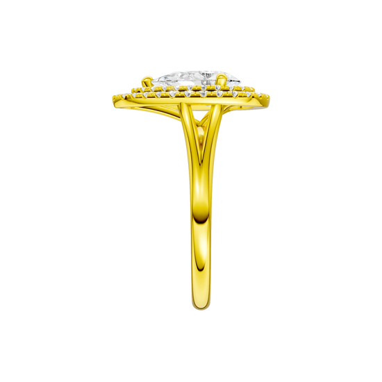 A side view of the Pear cut diamond engagement ring in 14k yellow gold with a plain band and double halo setting
