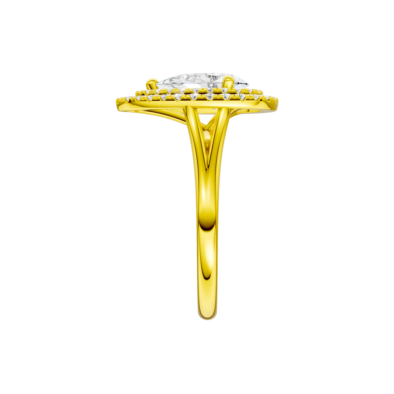 A side view of the Pear cut diamond engagement ring in 14k yellow gold with a plain band and double halo setting