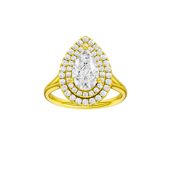 A front view of the Pear cut diamond engagement ring in 14k yellow gold with a plain band and double halo setting