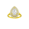 A front view of the Pear cut diamond engagement ring in 14k yellow gold with a plain band and double halo setting