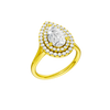 A three-quarter view of the Pear cut diamond engagement ring in 14k yellow gold with a plain band and double halo setting