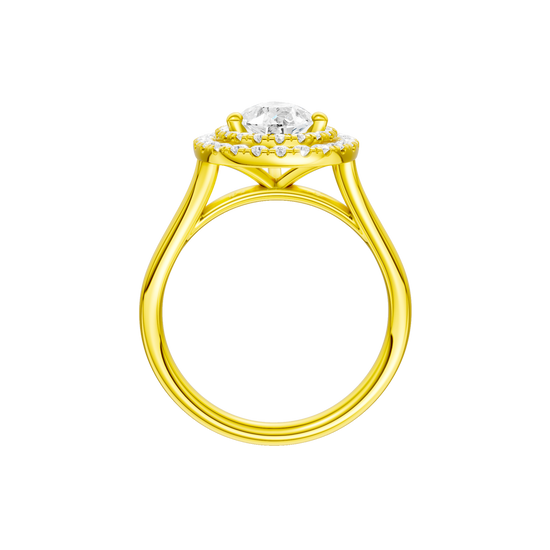 A profile view of the Pear cut diamond engagement ring in 14k yellow gold with a plain band and double halo setting