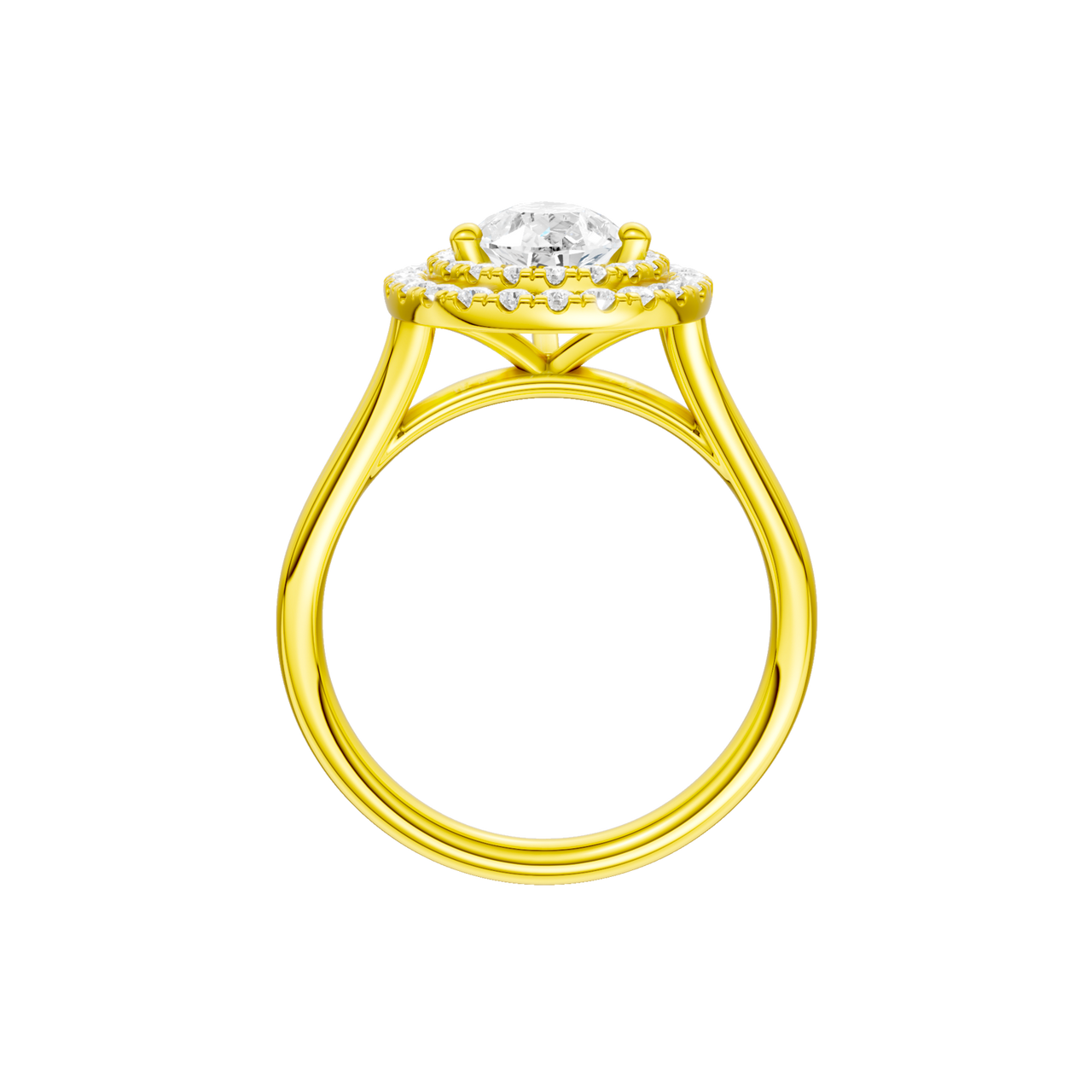 A profile view of the Pear cut diamond engagement ring in 14k yellow gold with a plain band and double halo setting