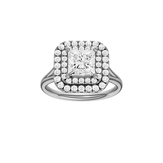 A front view of the Princess cut diamond engagement ring in 14k white gold with a plain band and cathedral setting