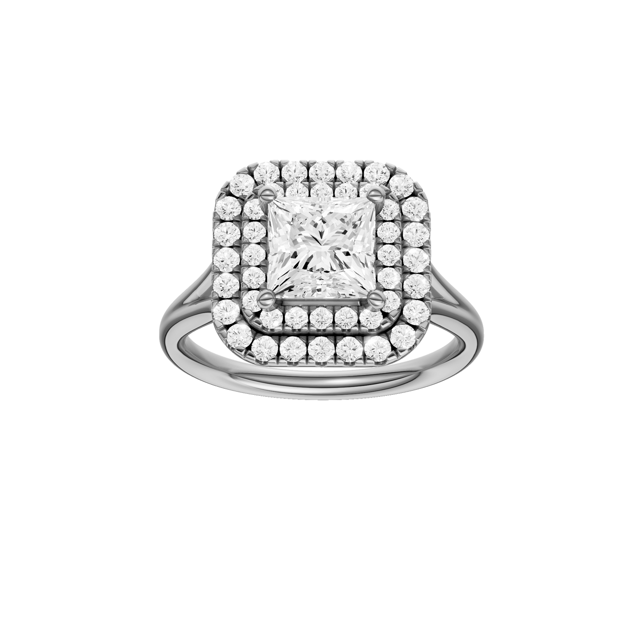 A front view of the Princess cut diamond engagement ring in platinum with a plain band and cathedral setting