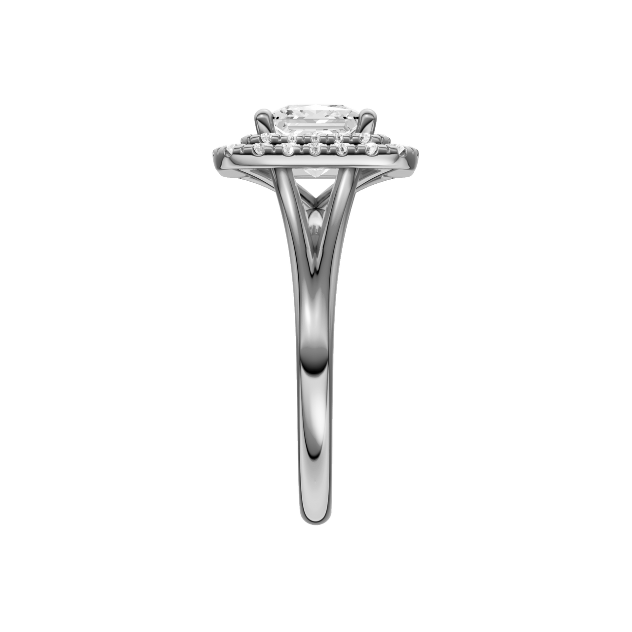 A side view of the Princess cut diamond engagement ring in platinum with a plain band and cathedral setting