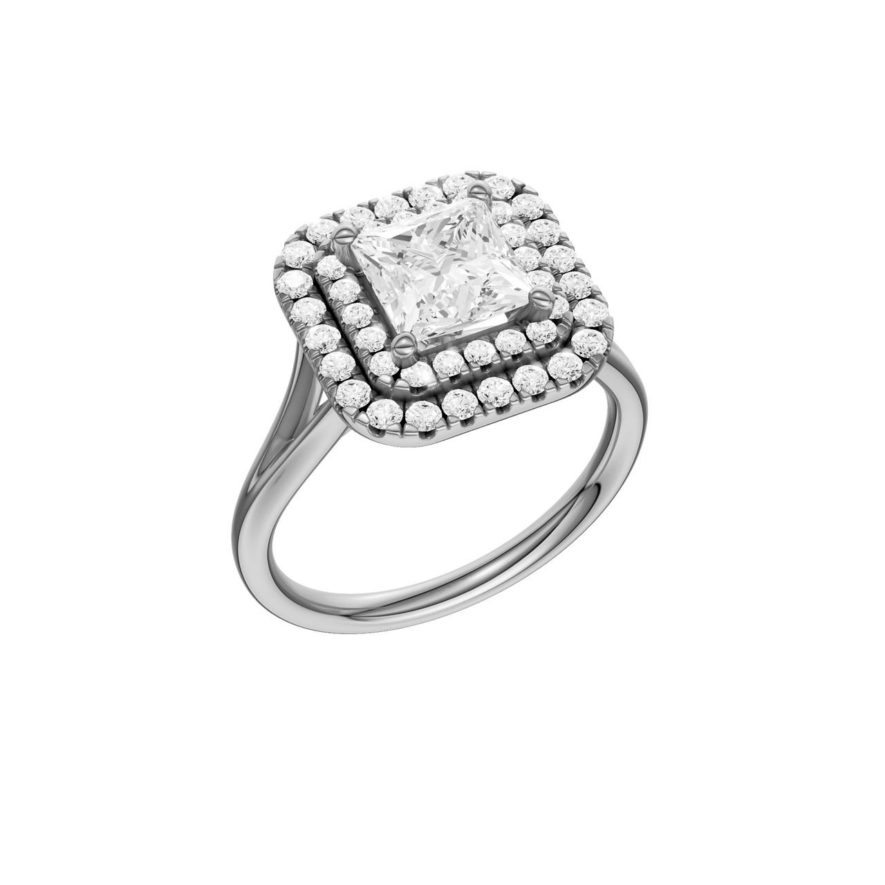 A three-quarter view of the Princess cut diamond engagement ring in 14k white gold with a plain band and cathedral setting