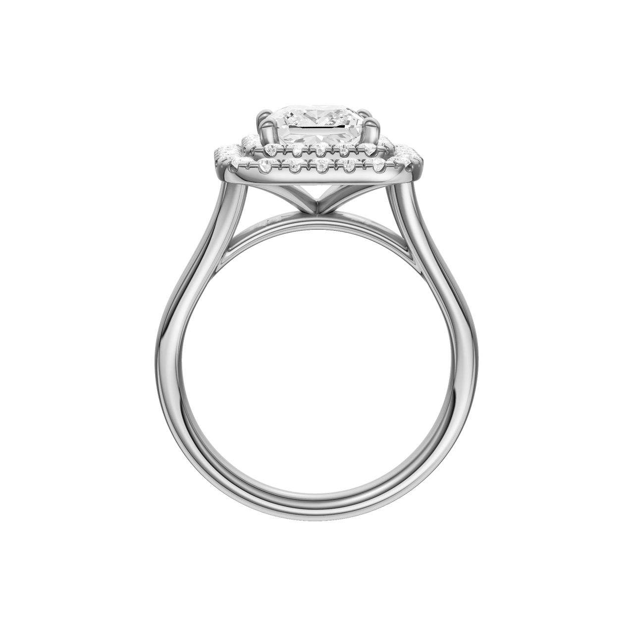 A profile view of the Princess cut diamond engagement ring in 14k white gold with a plain band and cathedral setting