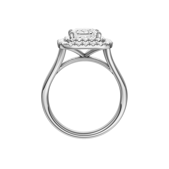 A profile view of the Princess cut diamond engagement ring in platinum with a plain band and cathedral setting