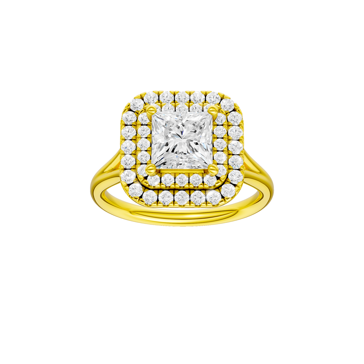 A front view of the Princess cut diamond engagement ring in 14k yellow gold with a plain band and cathedral setting
