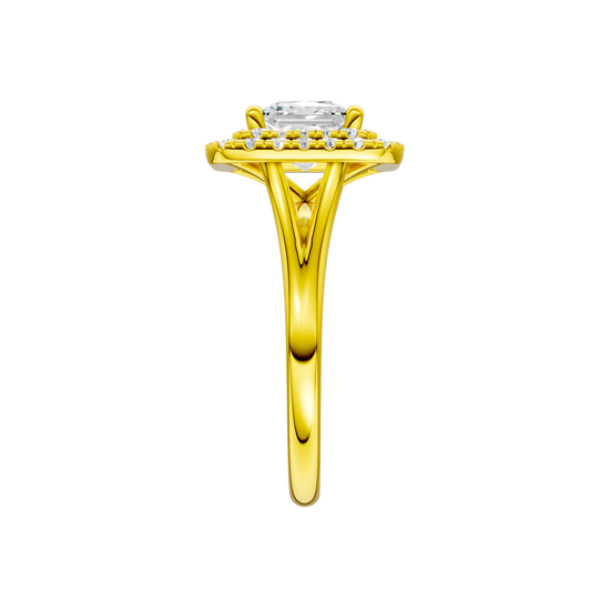 A side view of the Princess cut diamond engagement ring in 14k yellow gold with a plain band and cathedral setting