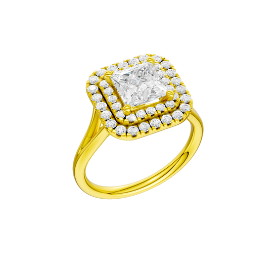 A three-quarter view of the Princess cut diamond engagement ring in 14k yellow gold with a plain band and cathedral setting