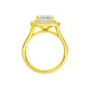 A profile view of the Princess cut diamond engagement ring in 14k yellow gold with a plain band and cathedral setting