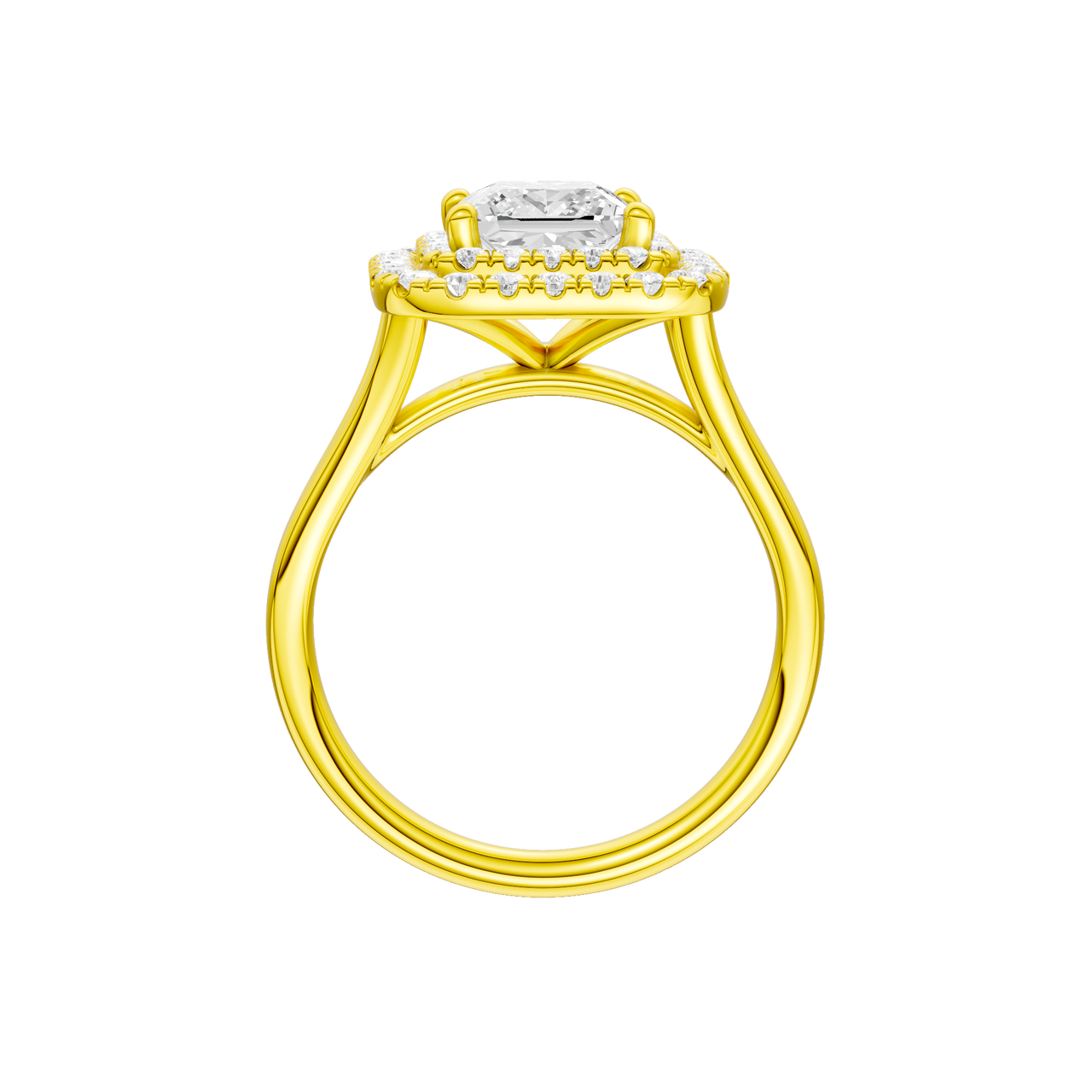 A profile view of the Princess cut diamond engagement ring in 14k yellow gold with a plain band and cathedral setting