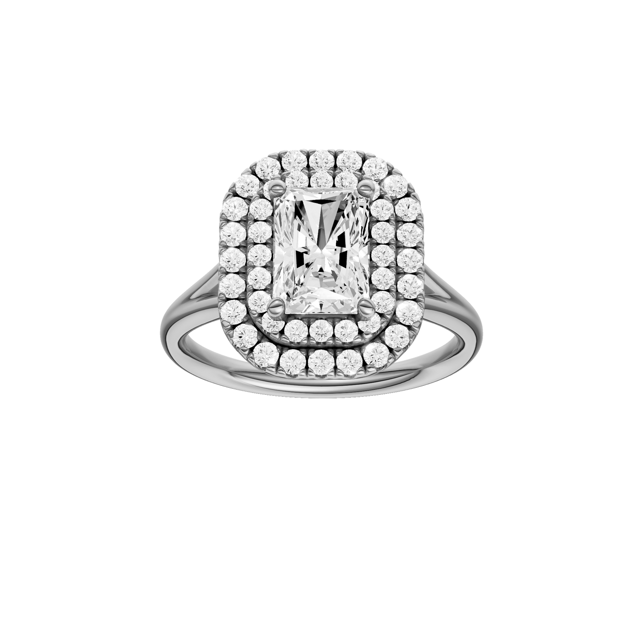 A front view of the Radiant cut diamond engagement ring in 14k white gold with a plain band and cathedral setting