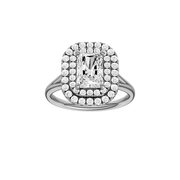 A front view of the Radiant cut diamond engagement ring in 14k white gold with a plain band and cathedral setting
