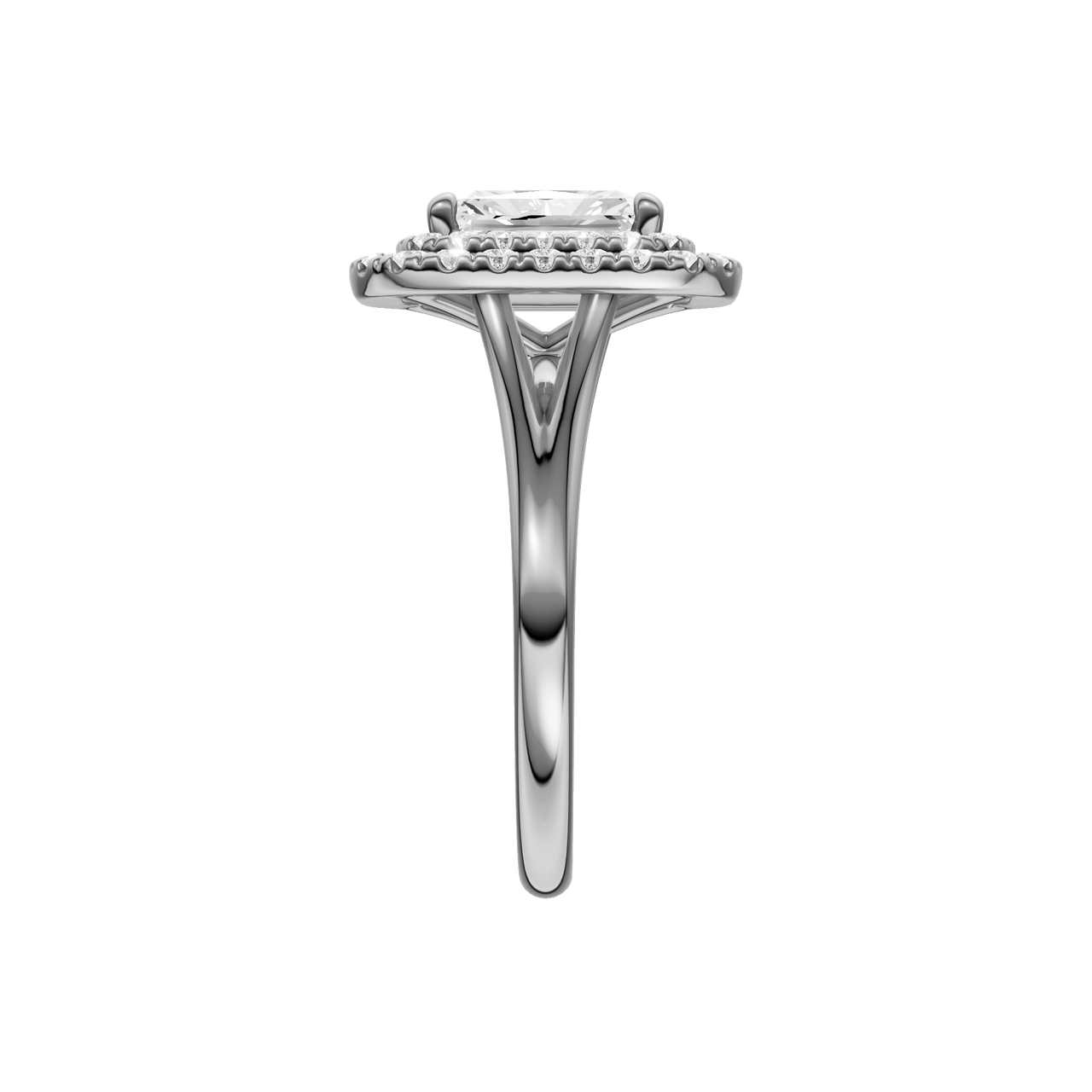 A side view of the Radiant cut diamond engagement ring in 14k white gold with a plain band and cathedral setting