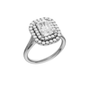A three-quarter view of the Radiant cut diamond engagement ring in 14k white gold with a plain band and cathedral setting