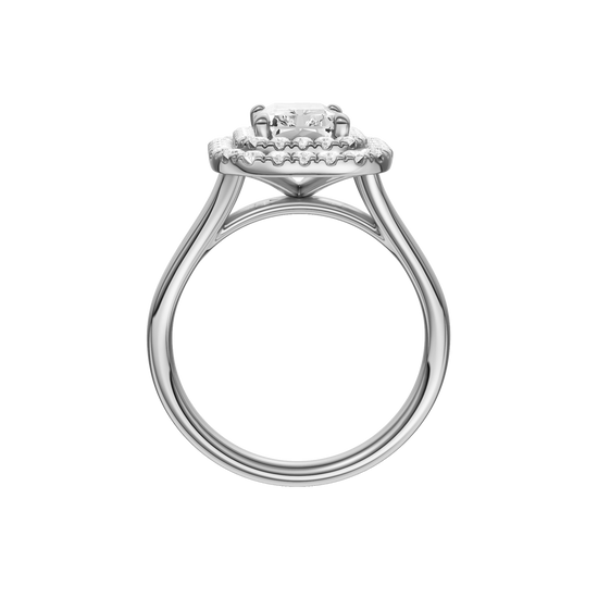 A profile view of the Radiant cut diamond engagement ring in 14k white gold with a plain band and cathedral setting